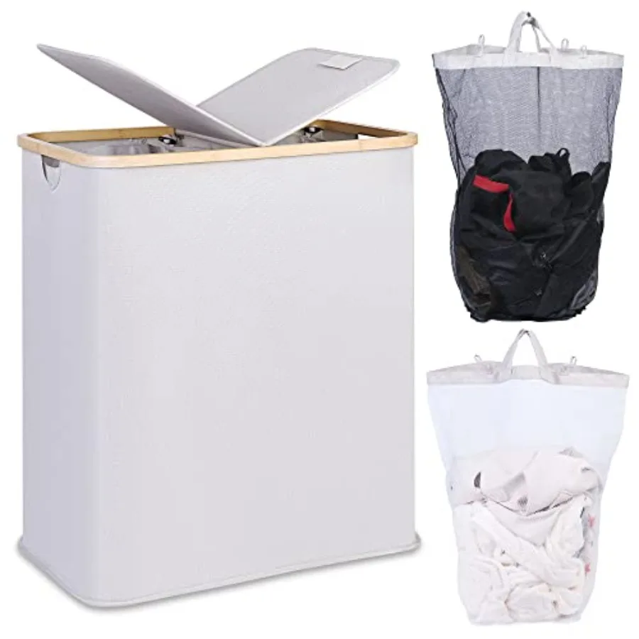 

Laundry Hamper with Lid Double Laundry Hamper with 2 Removable Bags 2 Section Laundry Basket with Bamboo Handles for Bathroom B