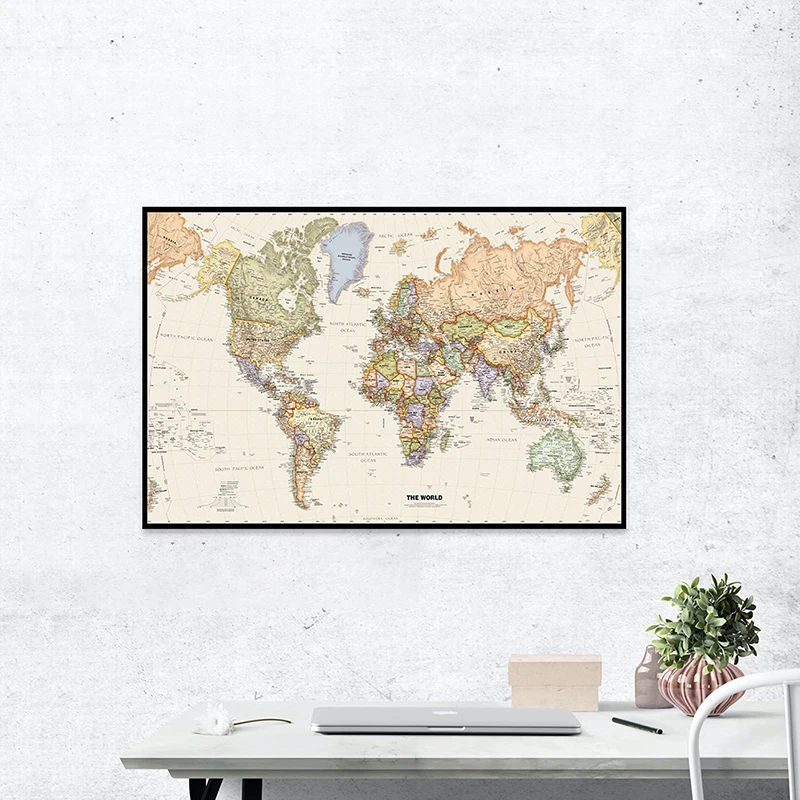 Mapa del mundo de tamaño A2, proyección de Mercator, mapa detallado de las principales ciudades de cada país, pintura en aerosol de vinilo, decoración de pared de dormitorio