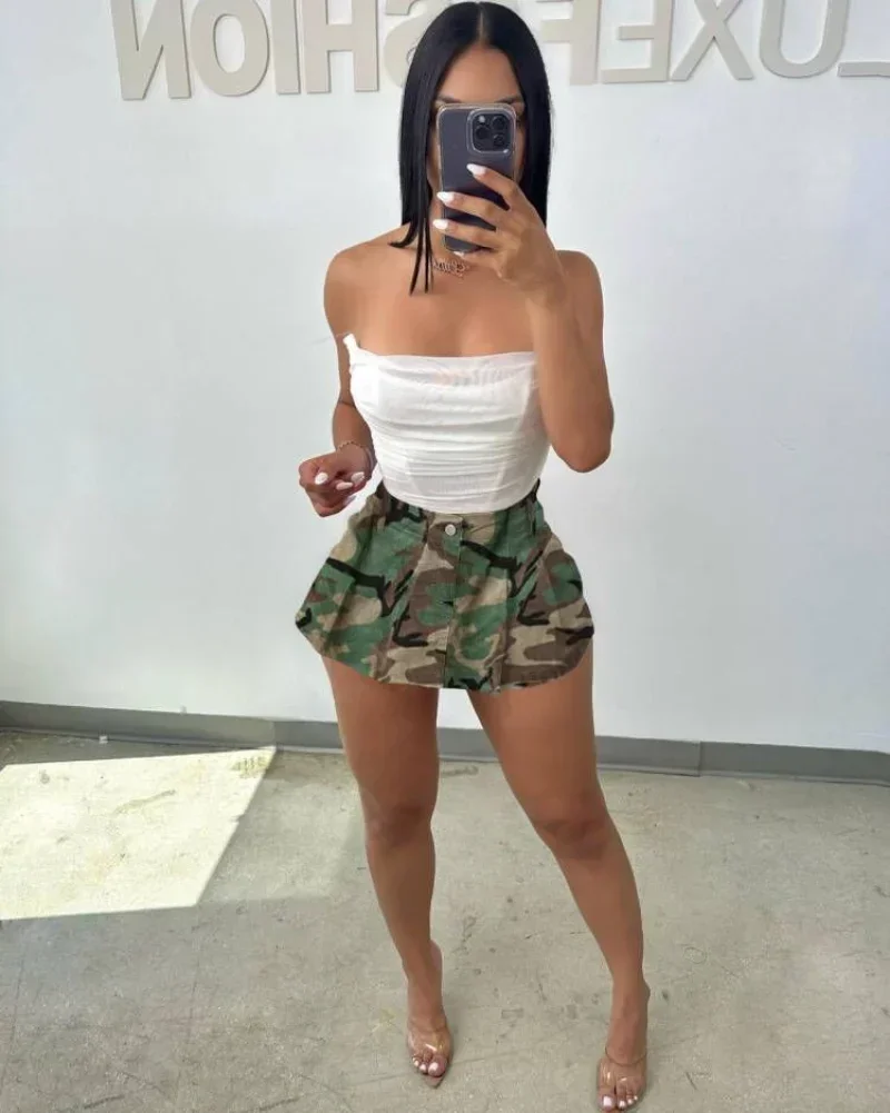 

GUWU Camouflage Zipper Fly Pleated A-line Mini Skirt Shorts Fashion Summer Street Vintage Women Above Knee Short Pants