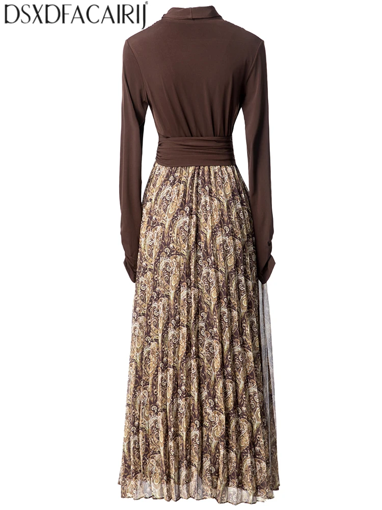 DSXDFACAIRIJ Vintage Print Plissee Kleid frauen V-ausschnitt Langarm Mode Herbst Weibliche Gefaltete Detail