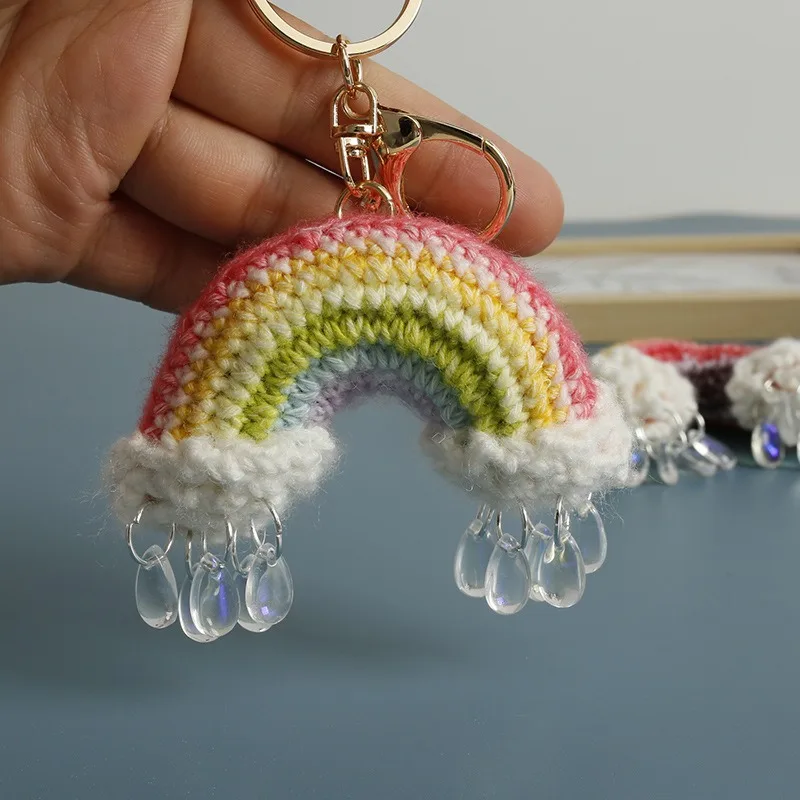 Handmade Charming Crochet Rainbow raindrops Keychain, Cute Handmade Plush Figure for Car and Bag