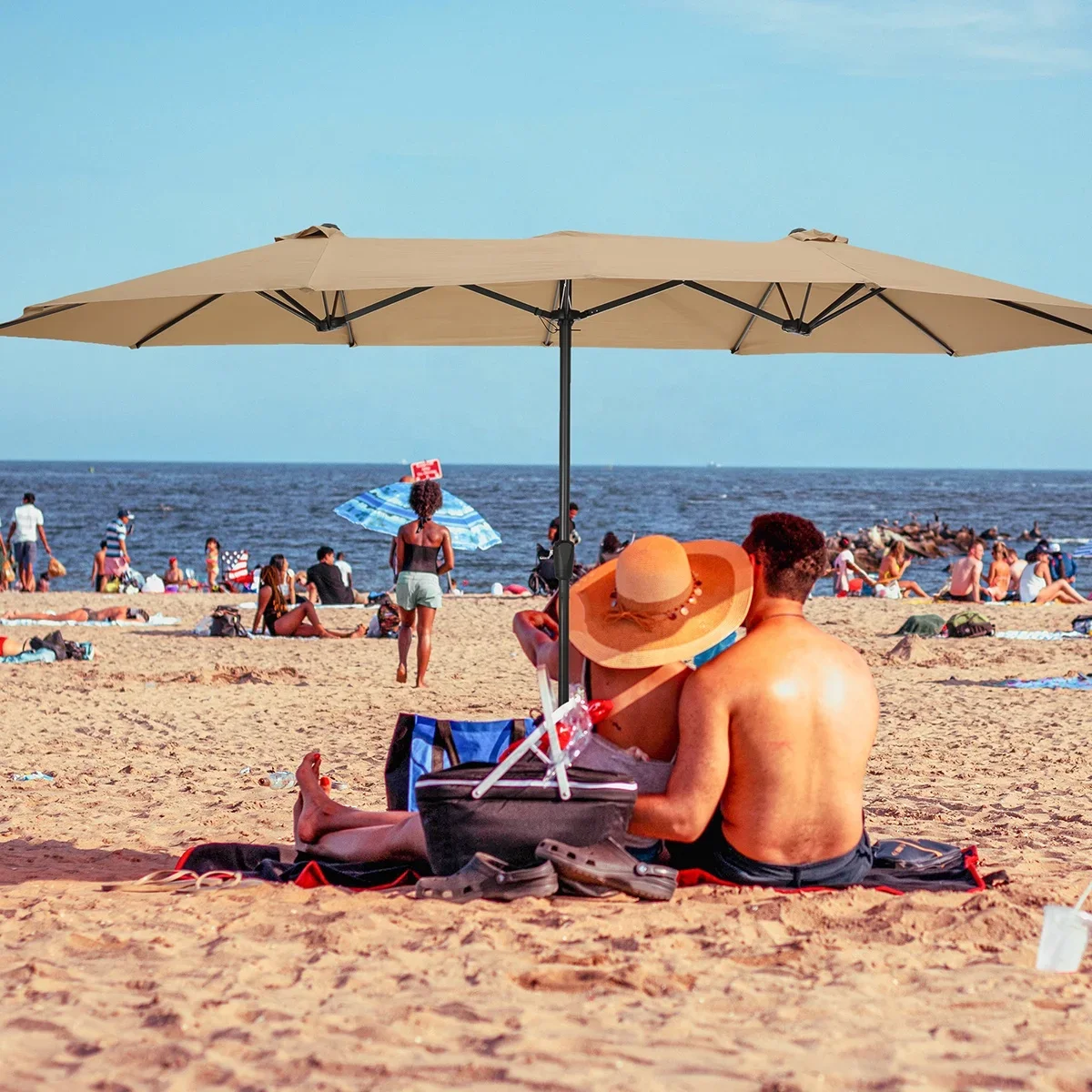 Large Double-Sided Rectangular Outdoor Aluminum Twin Patio Parasol, Market Umbrella with Crank, 15x9ft