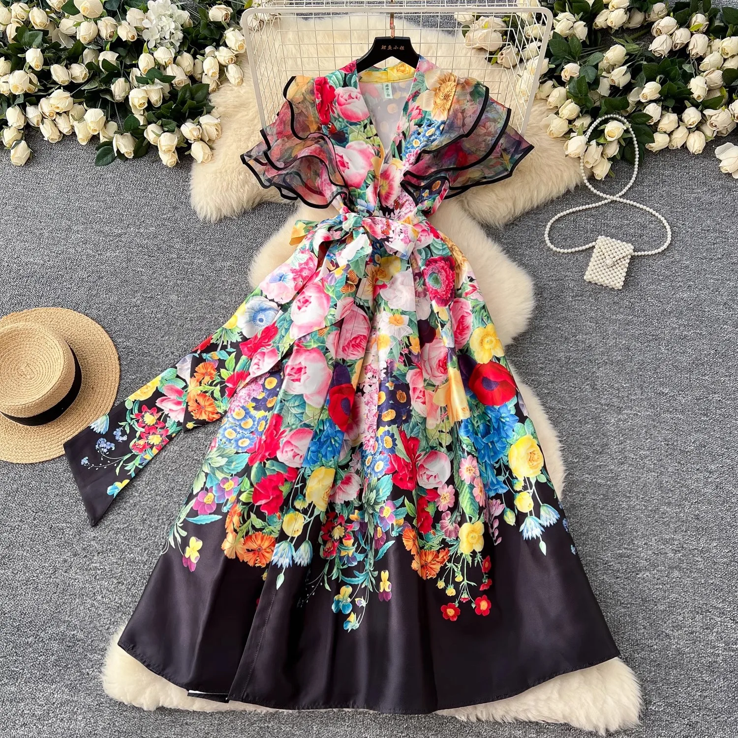 Summer Bohemian Gorgeous Flower Long Dress Women V-Neck Layer Mesh Sleeve Floral Print Bandage Lace Up Robe Vestidos Clothes