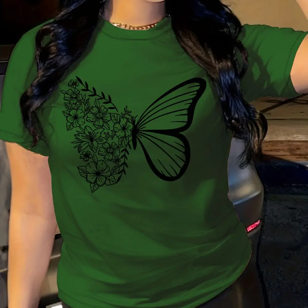 Simple And Elegant Butterfly Art Printed Short Sleeved Top 2024 Summer O-neck T-shirt Cool And Comfortable Daily Women's Wear