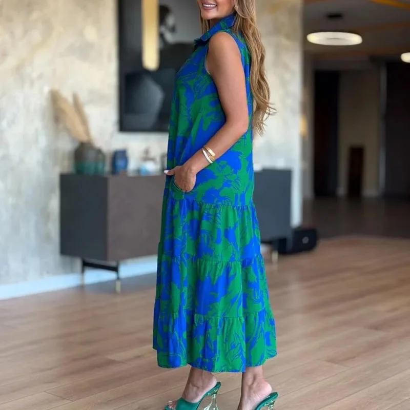 Boho Style Print Loose Pleated Long Dresses Woman Spring Button Lapel Shirt Office Dress Summer Sleeveless Vacation Maxi Dresses