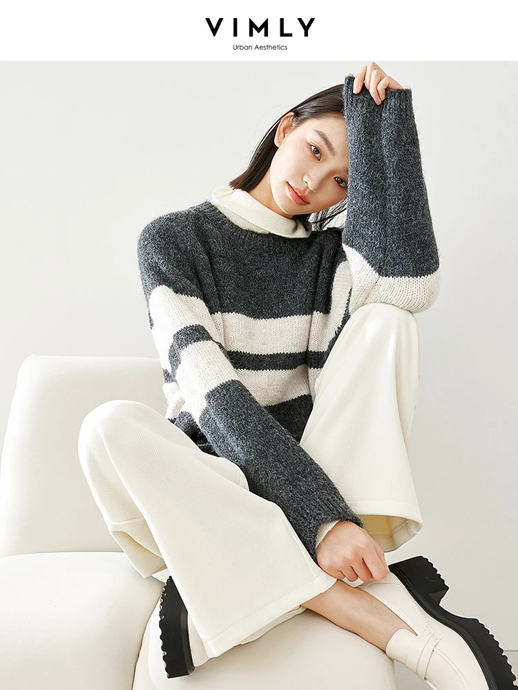 Vimly Contrast Striped Knitted Sweater 2023 Autumn Winter O-neck Long Sleeve Pullovers Loose High Strecth Jumpers Knitwear 72639