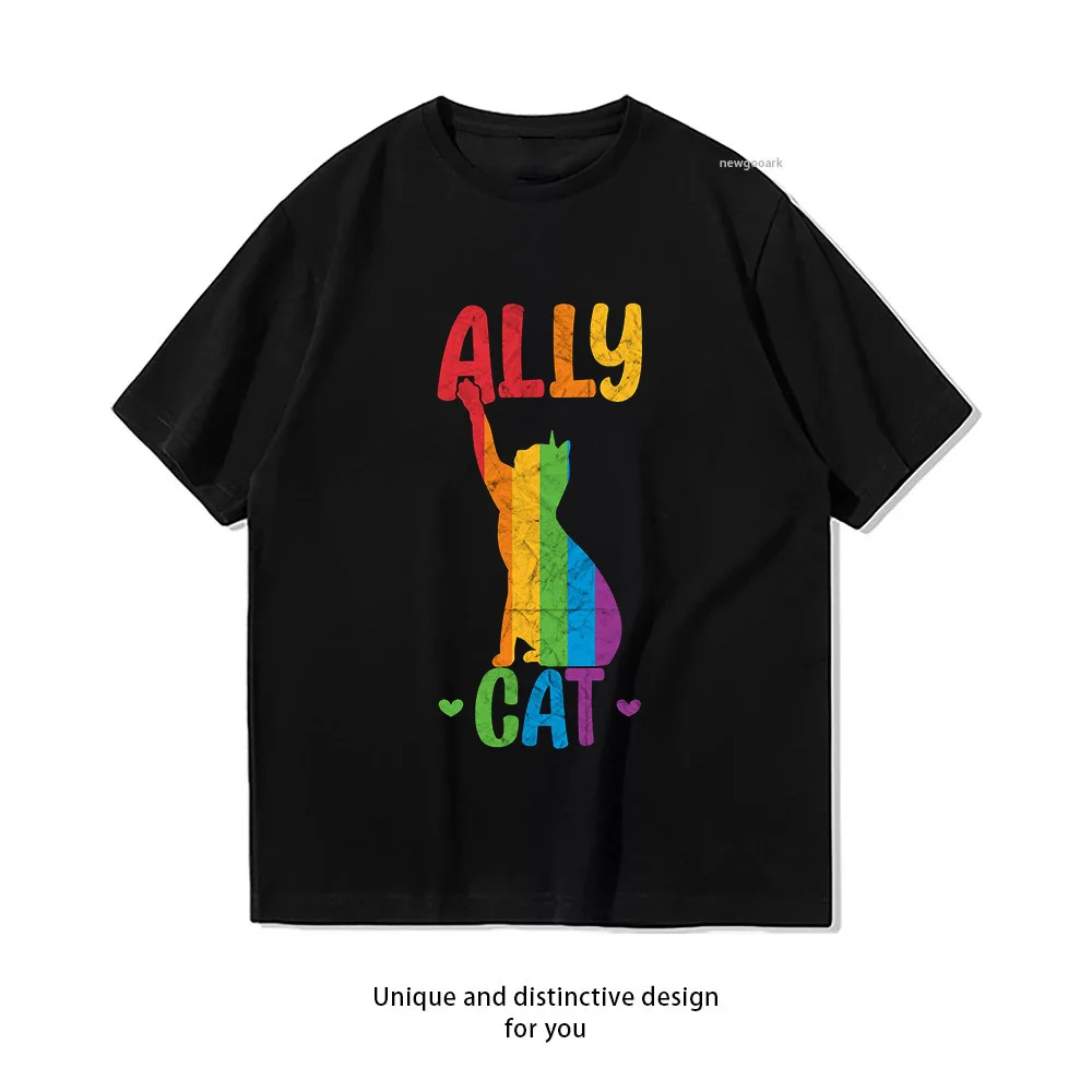Ally cat LGBT Cat In Rainbow Ally Pride Flag Classic T-Shirt woman man summer graphic t shirts Adult cotton tops tee Short-sleev