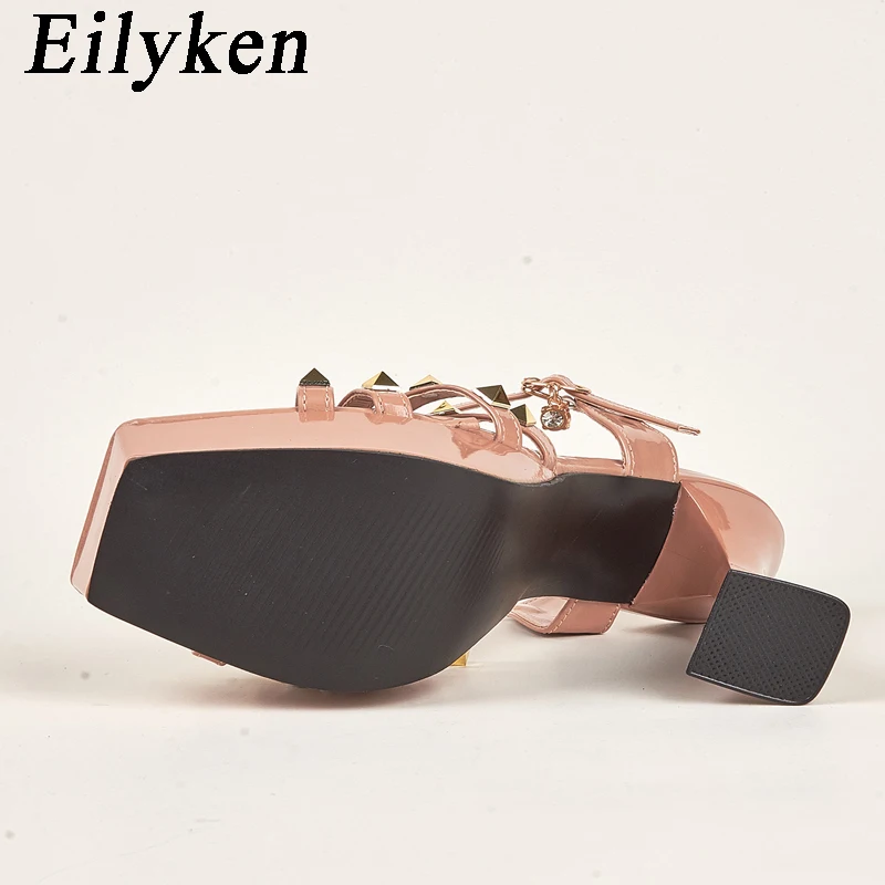 Eilyken New Design Rivet Buckle Strap Women\'s Sandals Fashion Style Platform Square Toe High Heels Party Dress Female Shoes