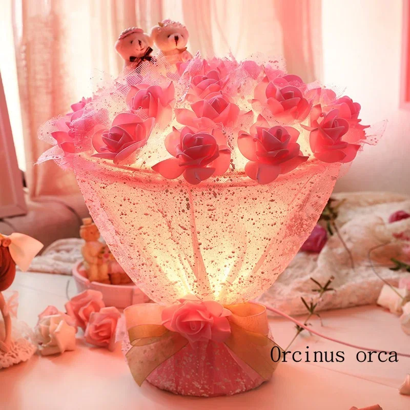 Modern romantic flower  table lamp valentine  gift wedding gift  bedroom bedside lamp creative pink roses table lamp