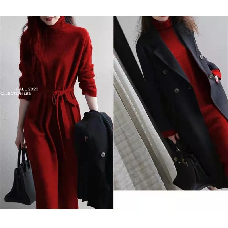 Goddess Fan Tie Waist Bottoming Long Skirt High Neck Knitted Dress Mid-Length Over-The-Knee Sweater Pullover Women