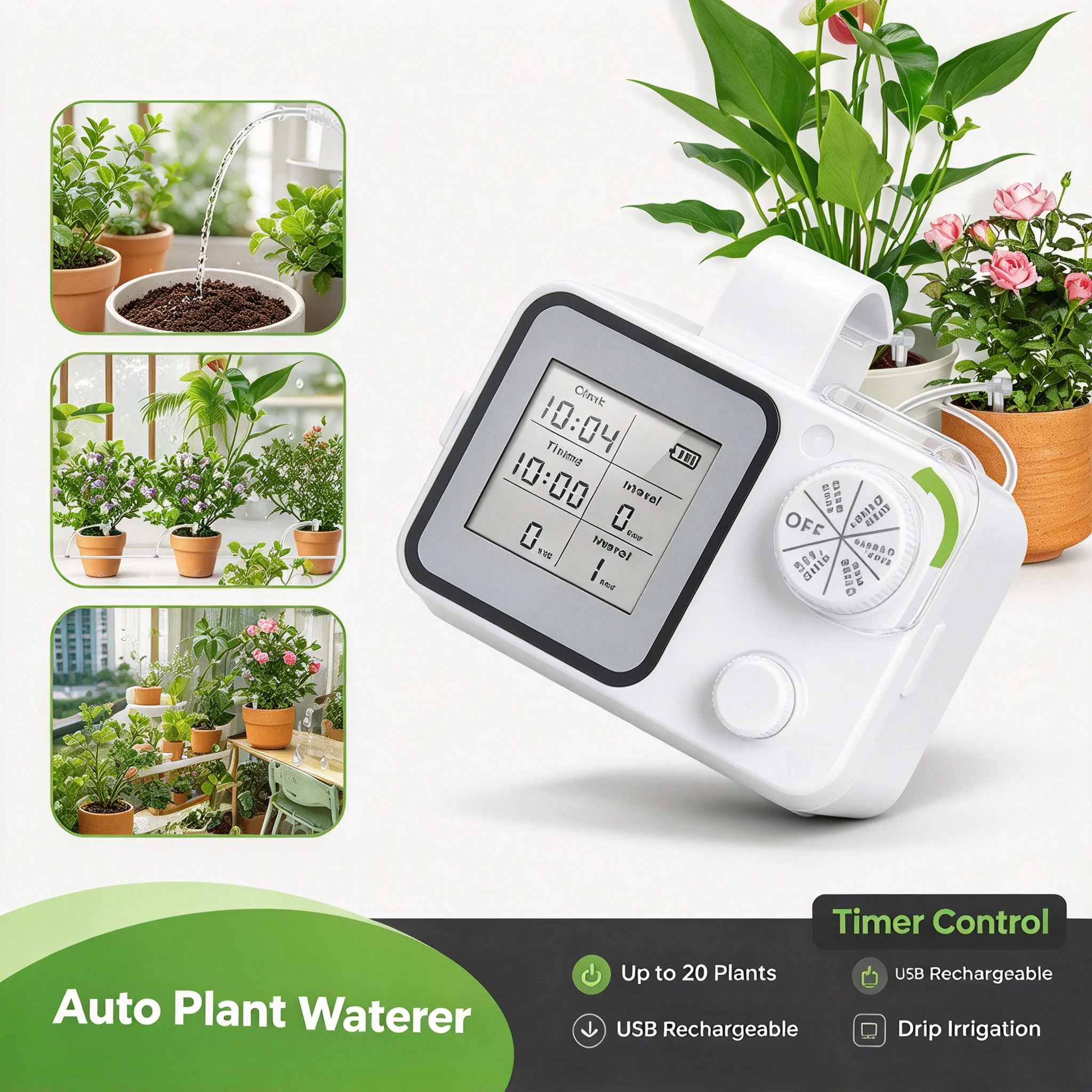 Smart Automatic Plant Waterer Drip Irrigation System Type-C 2000mAh Digital Timer Anti-Siphon for Indoor Potted Plants Balcony