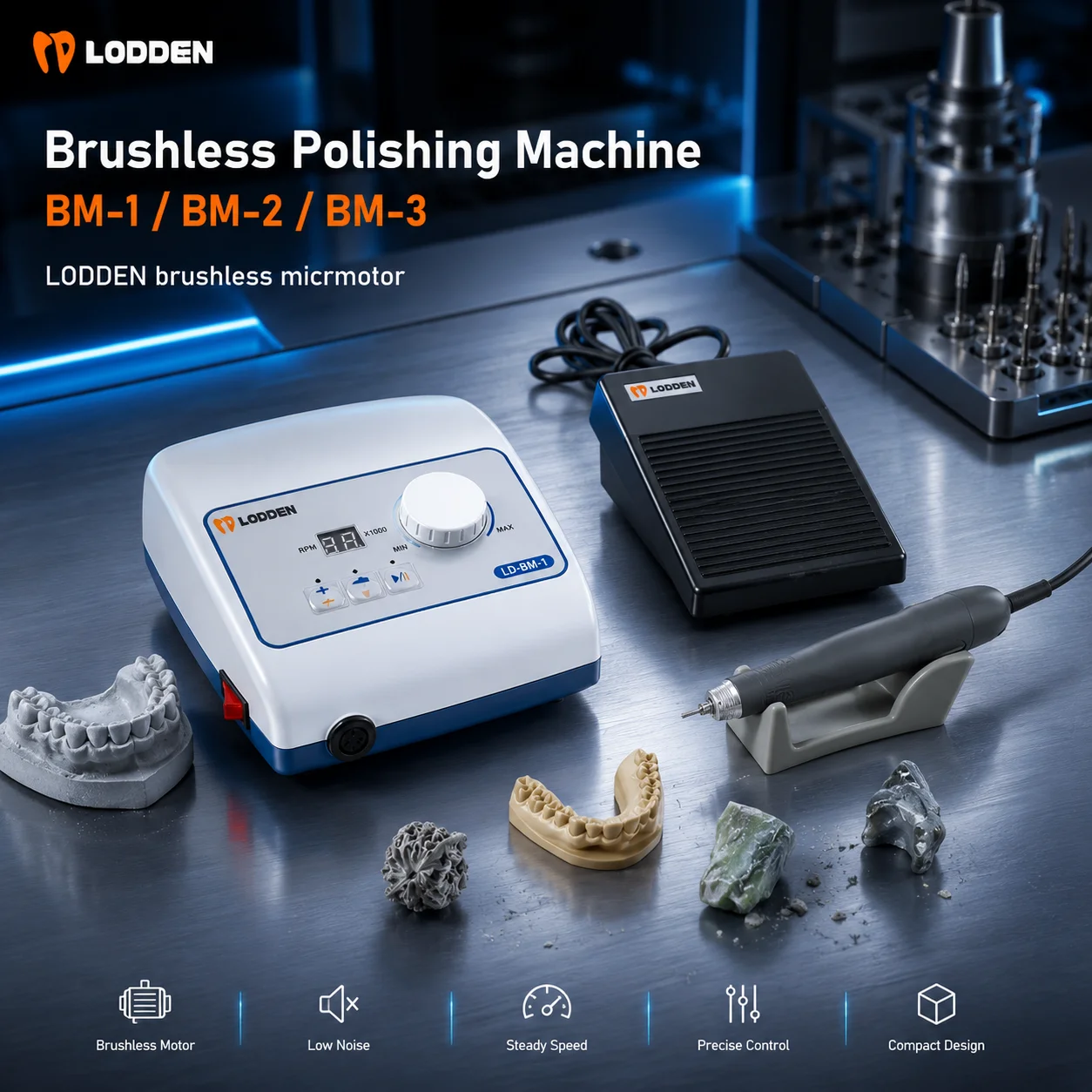 50000RPM Lodden Dental Brushless Micromotor with Manual/Foot-Pedal Speed Control Grinder Nail Jewelry Dental Lab Equipment