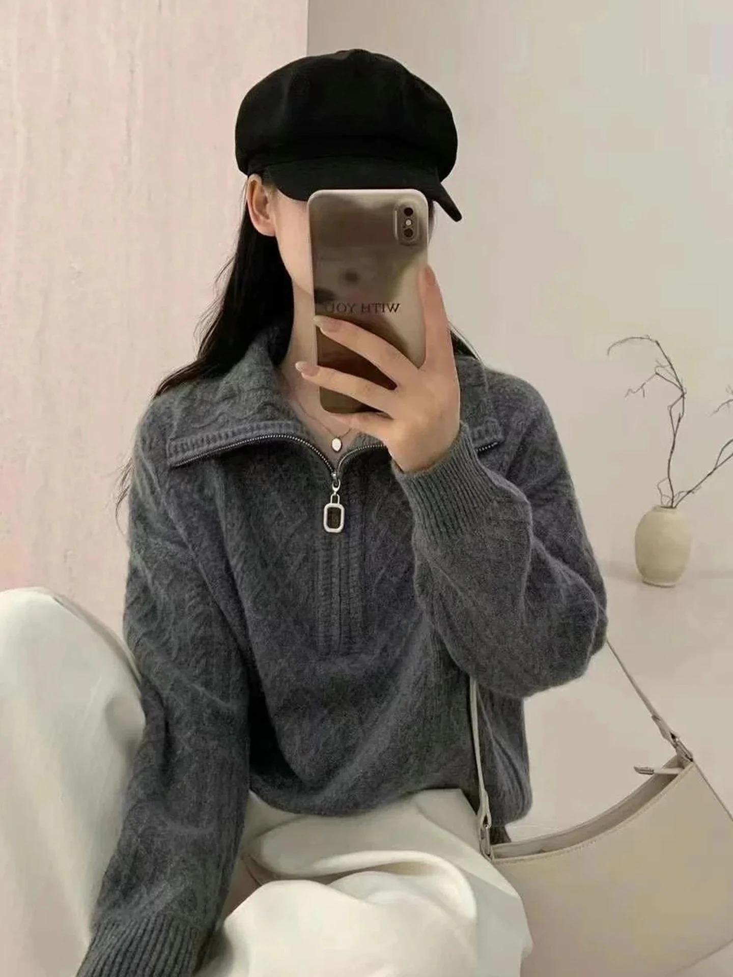 Novo pulôver de luxo feminino 100% lã merino meio zip volta cor sólida malha solta pele amigável confortável outono inverno topo quente