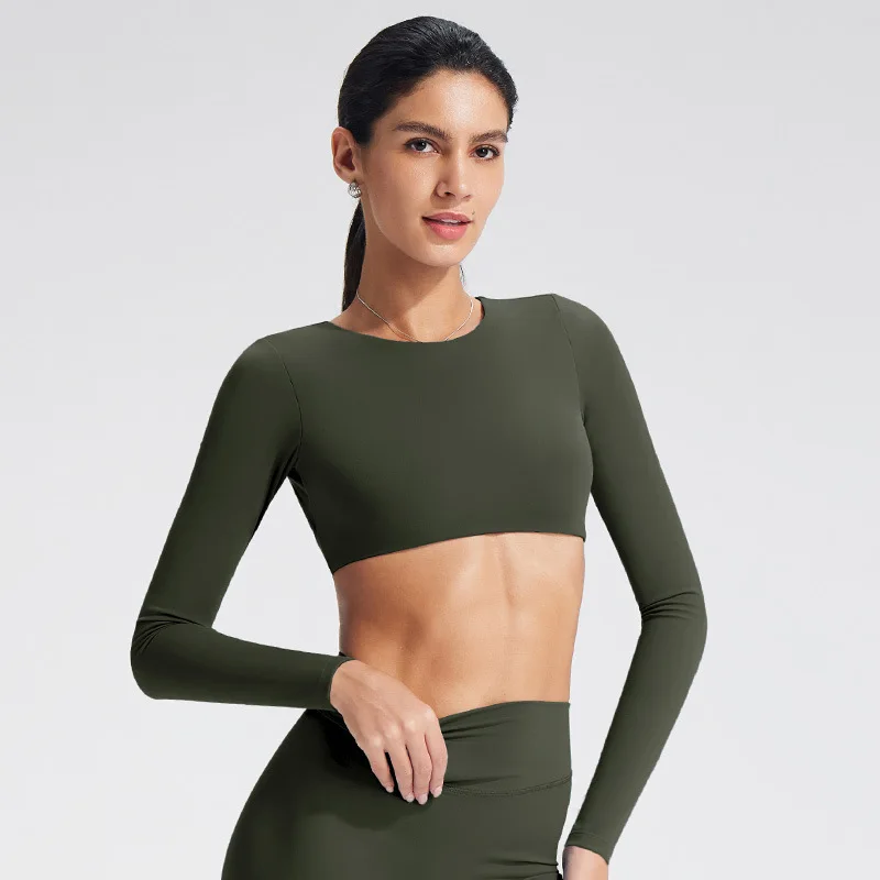 NCLAGEN-Top de Yoga con sujetador incorporado, ropa de gimnasio de manga larga para mujer, camiseta de entrenamiento sin espalda, camiseta de Fitness transpirable de alta elasticidad