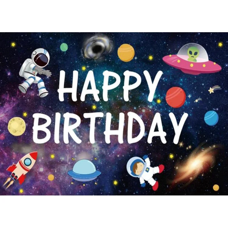 Outer Space Happy Birthday Backdrop Galaxy Planet Astronaut Rocket Photography Background Party Cake Table Banner Decor Props