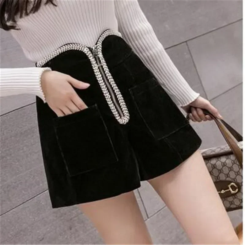 Vintage Zipper Patchwork Shorts Autumn Winter New Solid High Waist Pockets Trend Wide Leg Shorts Fashion Elegant Women Clothing