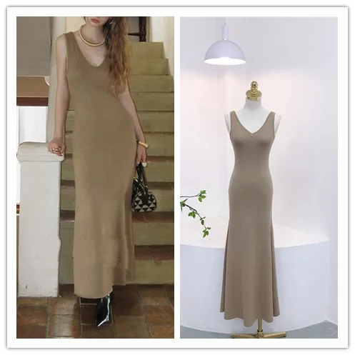 

7542 Summer 14 Needle Loose Lazy V-Neck Sleeveless Waist Slimming A-Line Tank Knitted Strap Long Dress For Women