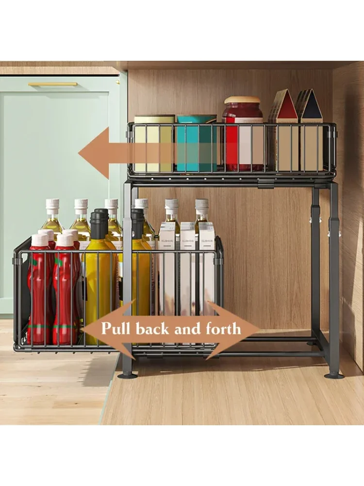 Kitchen Sink Storage Rack Pull-Out Basket Double Layer Spice Snack Bottle Can Organizer Cabinet Multi-level Shelf Under Cabinet