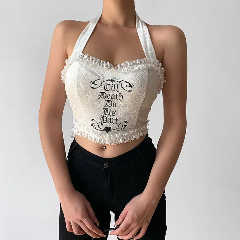 Women Halter Tank Tops Bandage Sleeveless Skinny Clubwear Backless Lace Letter Print Crop Tops Spaghetti Straps Ruffles Camis