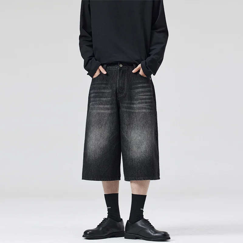 NEW Korean Style Vintage Men's Jeans Summer Loose Male Wide Leg Knee Length Shorts New Washed Fashion Short Denim Pants