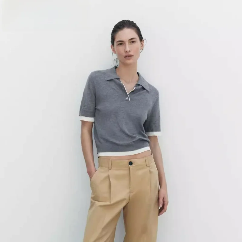 

Spring New Women's Slim Fit Knitted ort Sve irt Casual Leisure Top Color Blo Design Comfortable Breathable