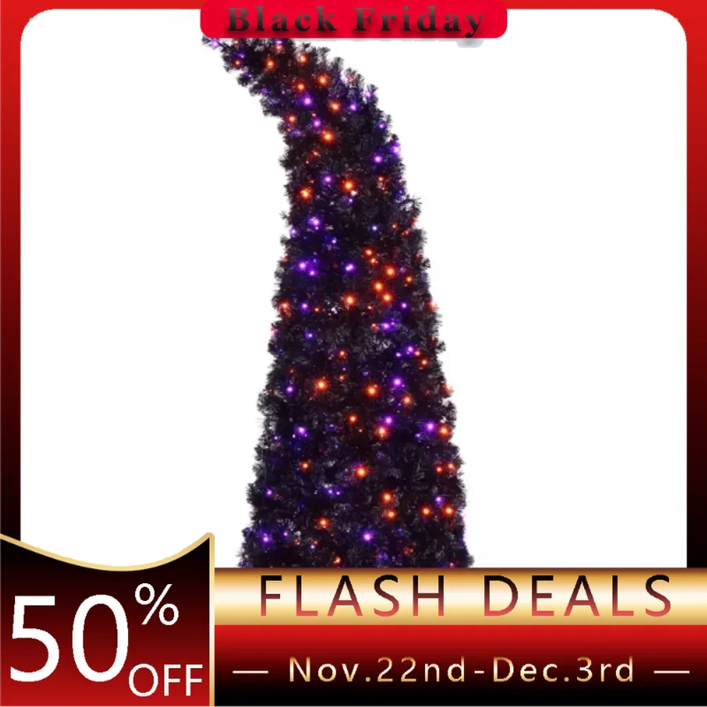 Black 400 Lights Purple and Orange 10 Functions with Remote Control 1050 Branches Wizard Hat Shape PVC Material Christmas Tree