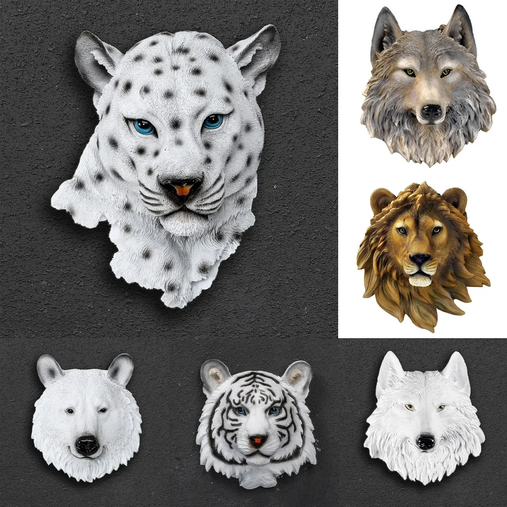 Simulation Animal Head Wall Mount Decor Resin Lion Wolf Tiger Bear Leopard Statue Animal Wall Hanging Ornaments Home Decor