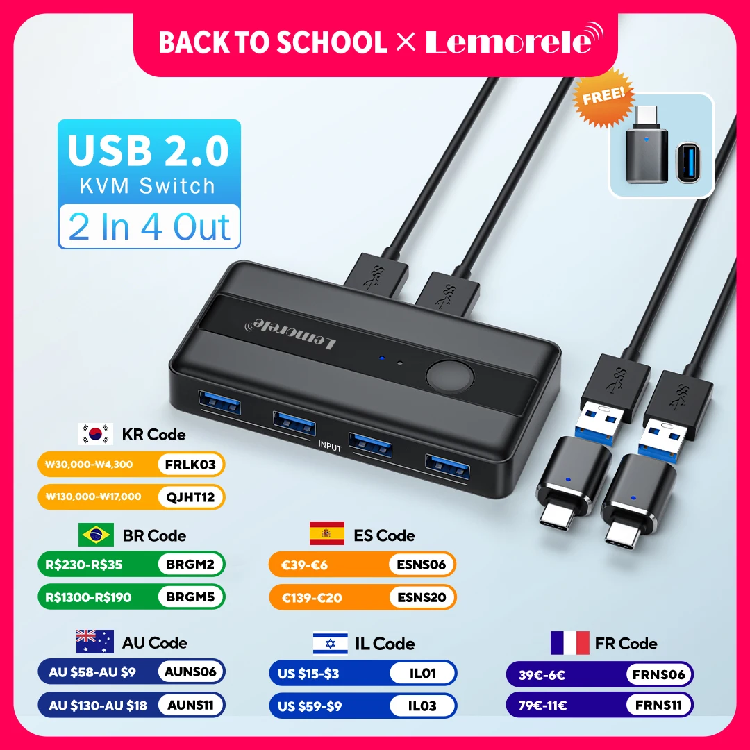 Lemorele KVM USB-Switch-Adapter, USB-Hub, Dockingstation, USB 3.0, 4 Anschlüsse, Typ C, HUB, Hochgeschwindigkeitsdaten, 2 Eingänge, 4 Ausgänge