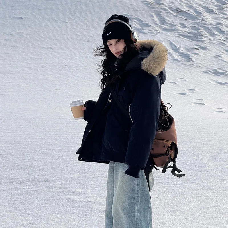 PinkyIsBlack Oversize Tooling Padded Jacket Women's 2025 Winter New Korean Big Fur Collar Loose Puffer Jacket Thick Coat Clothes