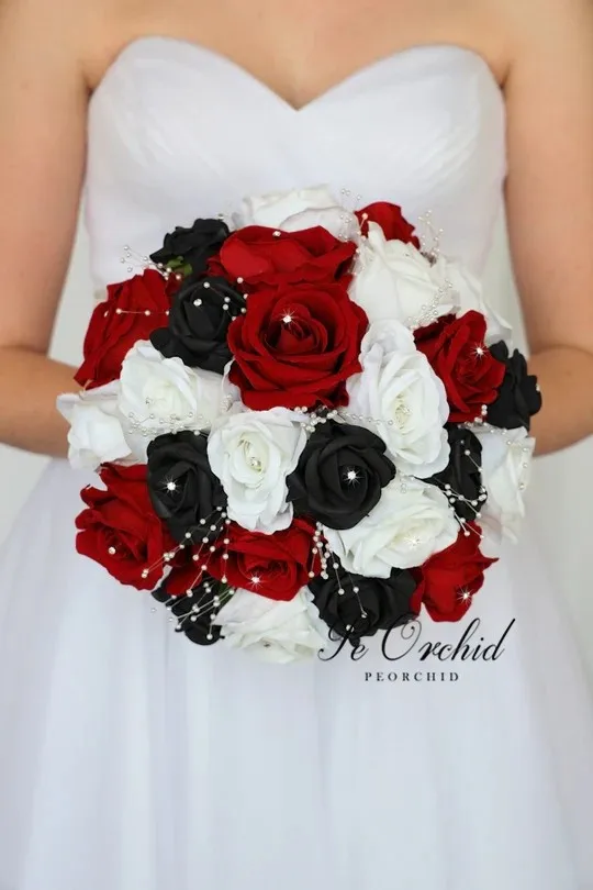 PEORCHID-Ramo De flores artificiales para novia, Ramo gótico rojo y negro, perlas, rosas, Ramo blanco