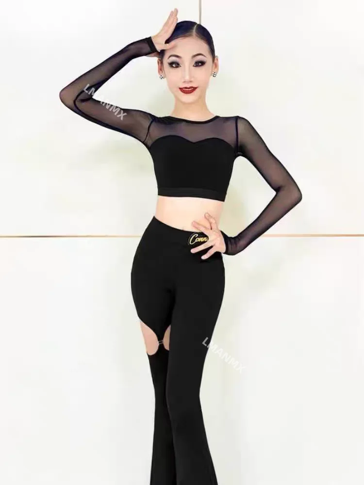 

Новые осенние и зимние брюки для латинских танцев, детские современные брюки с высокой талией, тренировочный костюм для трубы в форме тела