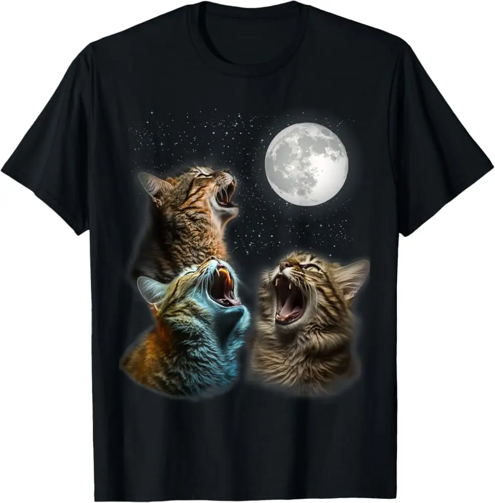 Funny Three Cats Meme Graphic T-Shirt - Black Tee with Cute Cats in Yellow Cup Full Moon - Soft Breathable Shirt for Women & Men