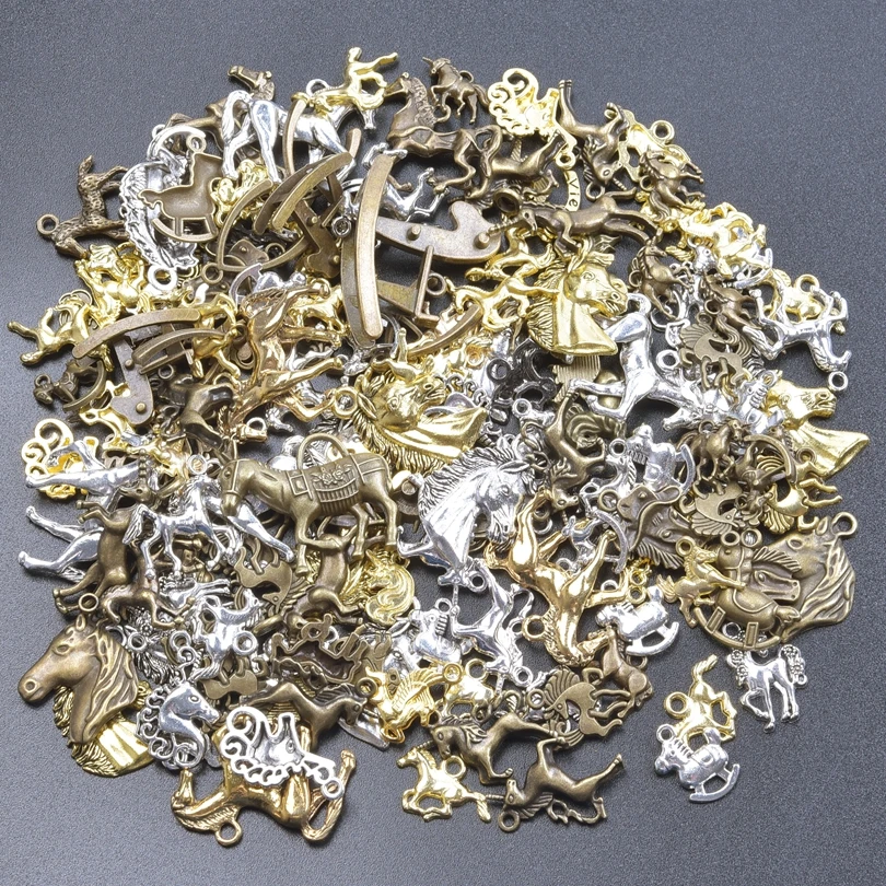 30/50pcs Charms Fly Horse Lucky Horseshoe Gold Color Pony Antique Bronze Mixed Pendants DIY Findings Tibetan Jewelry Craft