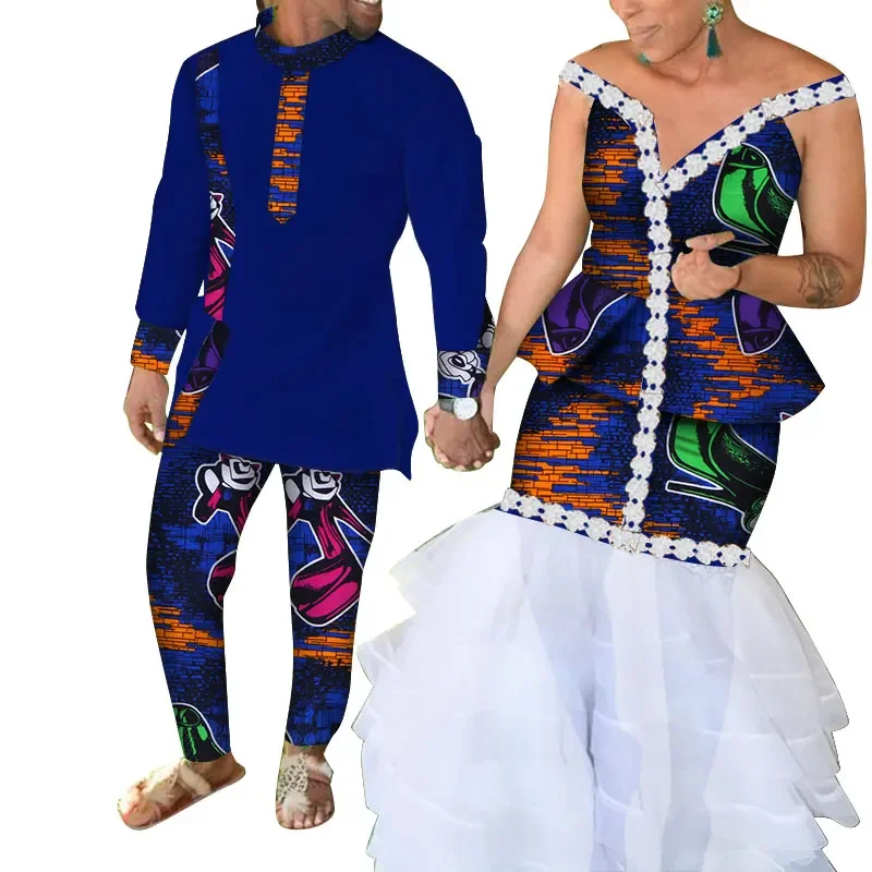 Fashion African Couple Clothes  Suits Set for Men Women African Bazin Riche Wedding Party African Clothes WYQ451