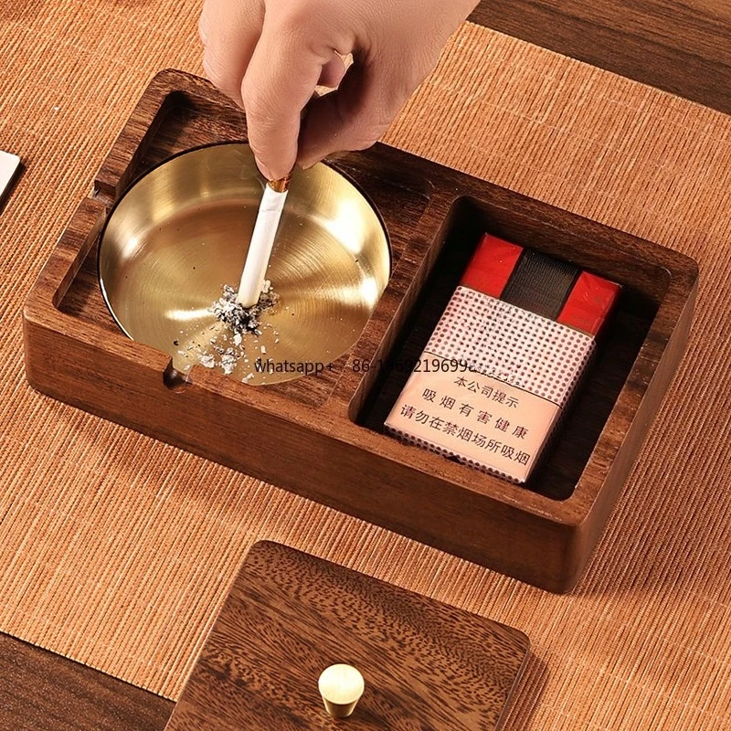Solid Wood Ashtray Anti-fly Ash Office Home Living Room Tea Room Chinese Style Covered Walnut Ashtray