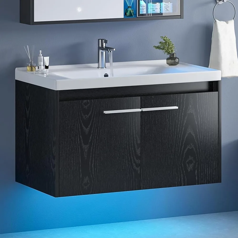 

Black Bathroom Vanity with Sink, Floating Bathroom Sink Cabinet with LED Light