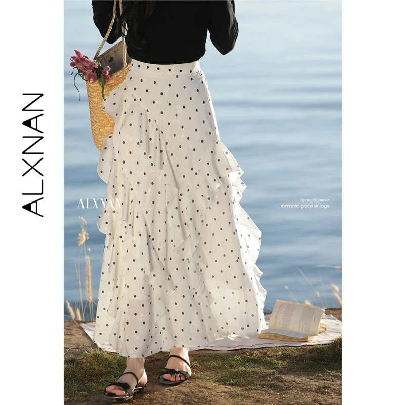 ALXNAN Women's Skirt Polka Dot Irregular Ruffle Hem A-line Long Skirts 2026 Summer Elegant Holiday Beach Ladies Clothing L529152