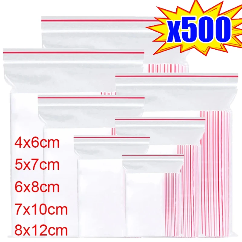 500/100Pcs Food Sealing Bag Resealable Multi-Size Object Storage Bag Transparent Plastic Bag Reclosable Vacuum Fresh Organizer