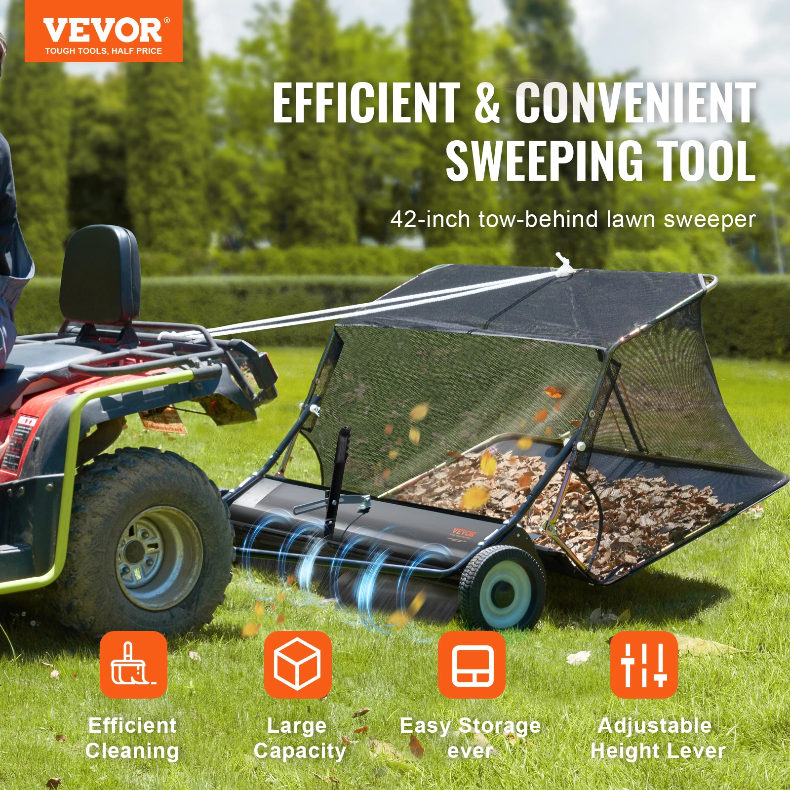 VEVOR 42-inch Lawn Sweeper Tow Behind 12 cu.ft.Heavy Duty Leaf & Grass Collector Adjustable Height for Picking Up Debris & Grass