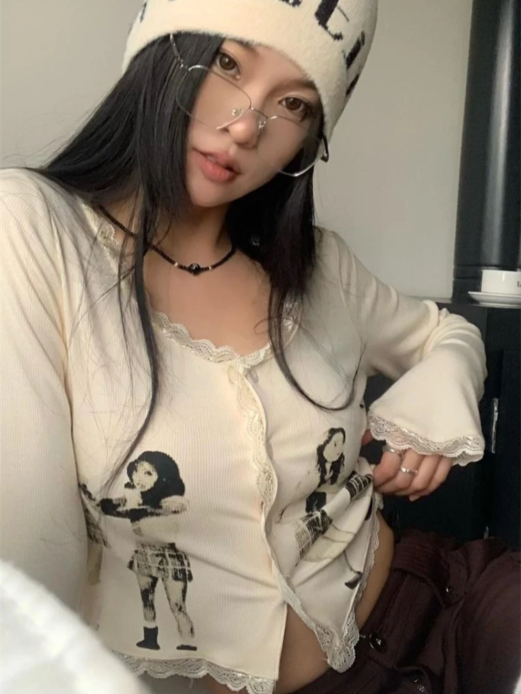 

American retro sweet lace patchwork women's long sleeved T-shirt autumn Y2K subculture spicy girl portrait print slim women tops