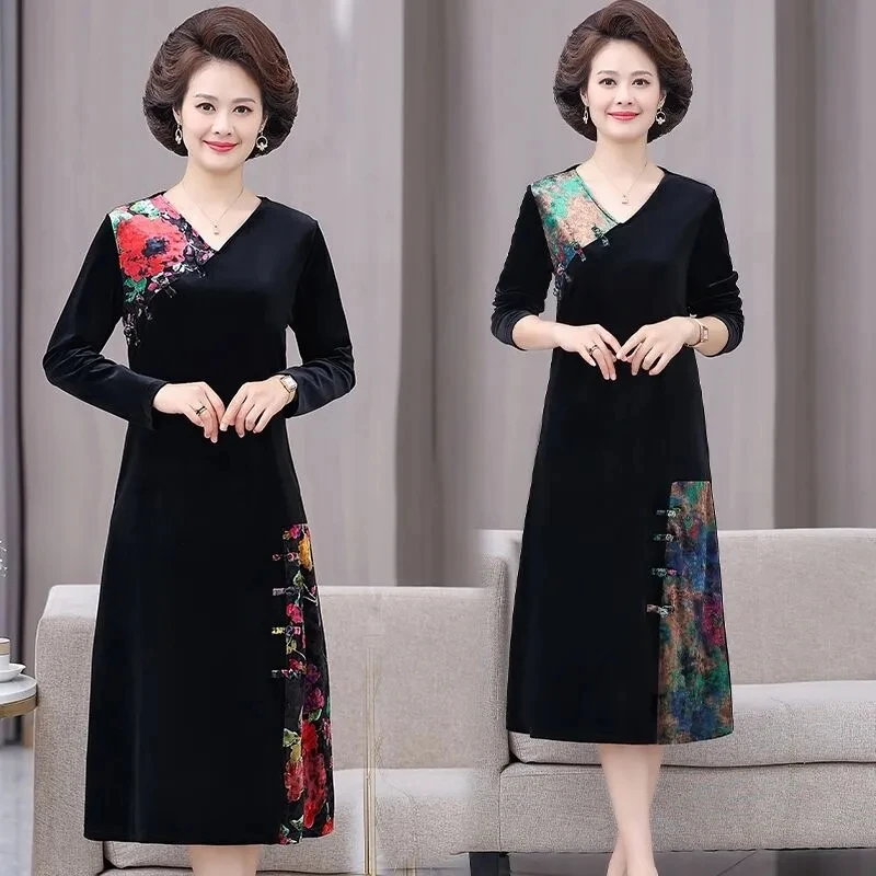 XL-5XL Vintage Gold Velvet Dress Women Elegant V-Neck Long Sleeve Velour Dresses Autumn Middle Aged Mother Casual Vestidos Mujer