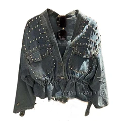 Women's Heavy Industry Diamond Studded Denim Jacket, Long Sleeved Top, Autumn Coat, New