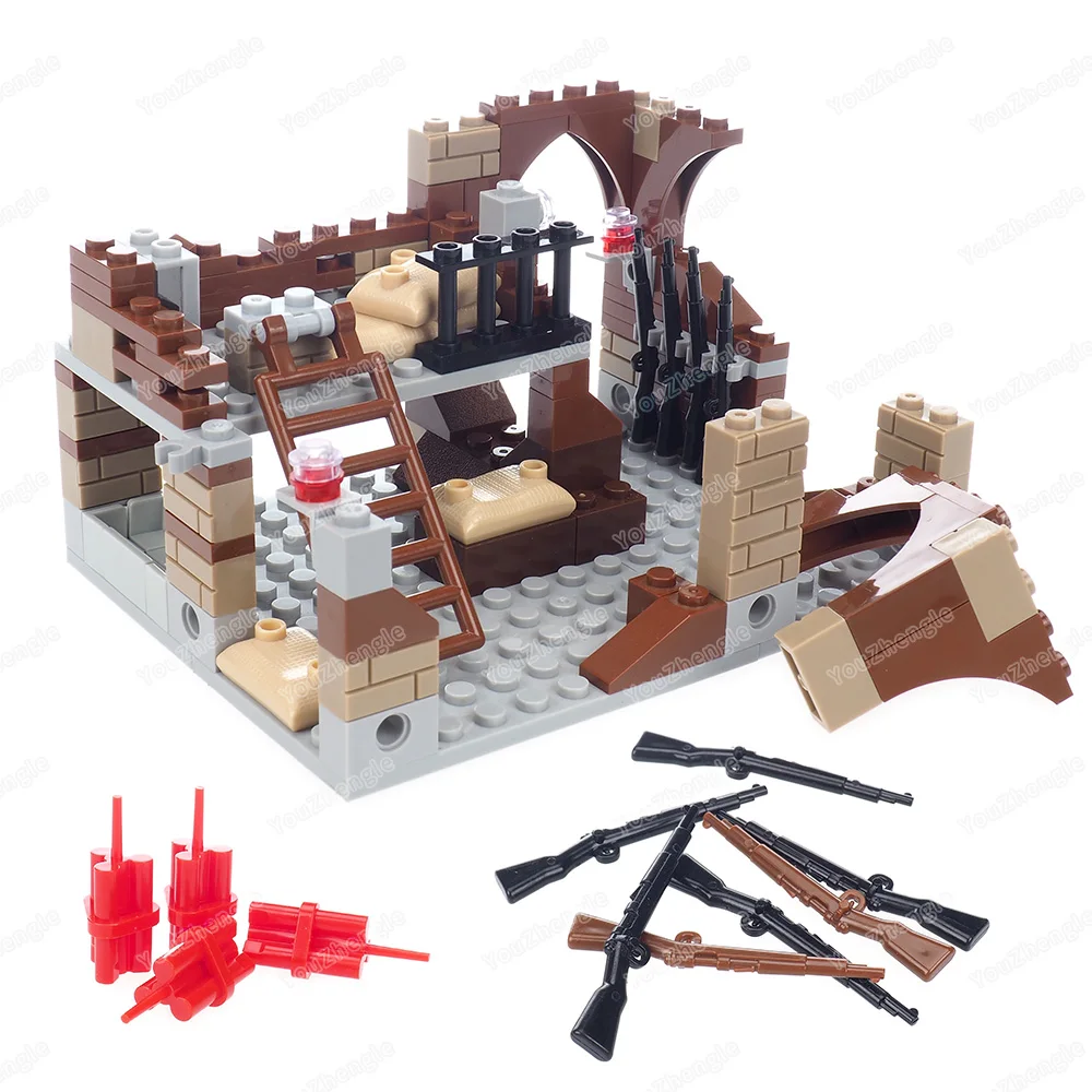 Maisons WW2 guerre militaire bloc de construction assemblage figurines MOC ambusage armes ruiné maison équipement scènes modèles cadeaux garçons jouets