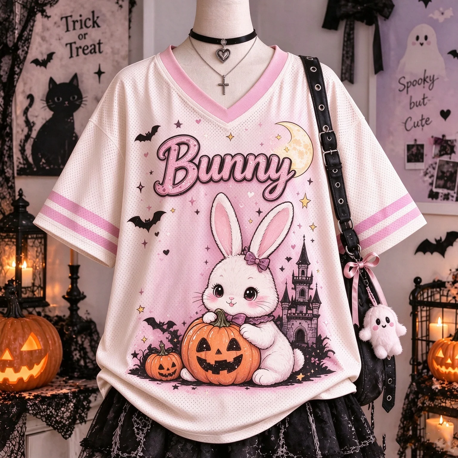 2026 New Halloween Cute Bunny Print V Neck Mesh Jersey Short Sleeve T-shirt, Casual Loose Streetwear Tee for Adult Kids