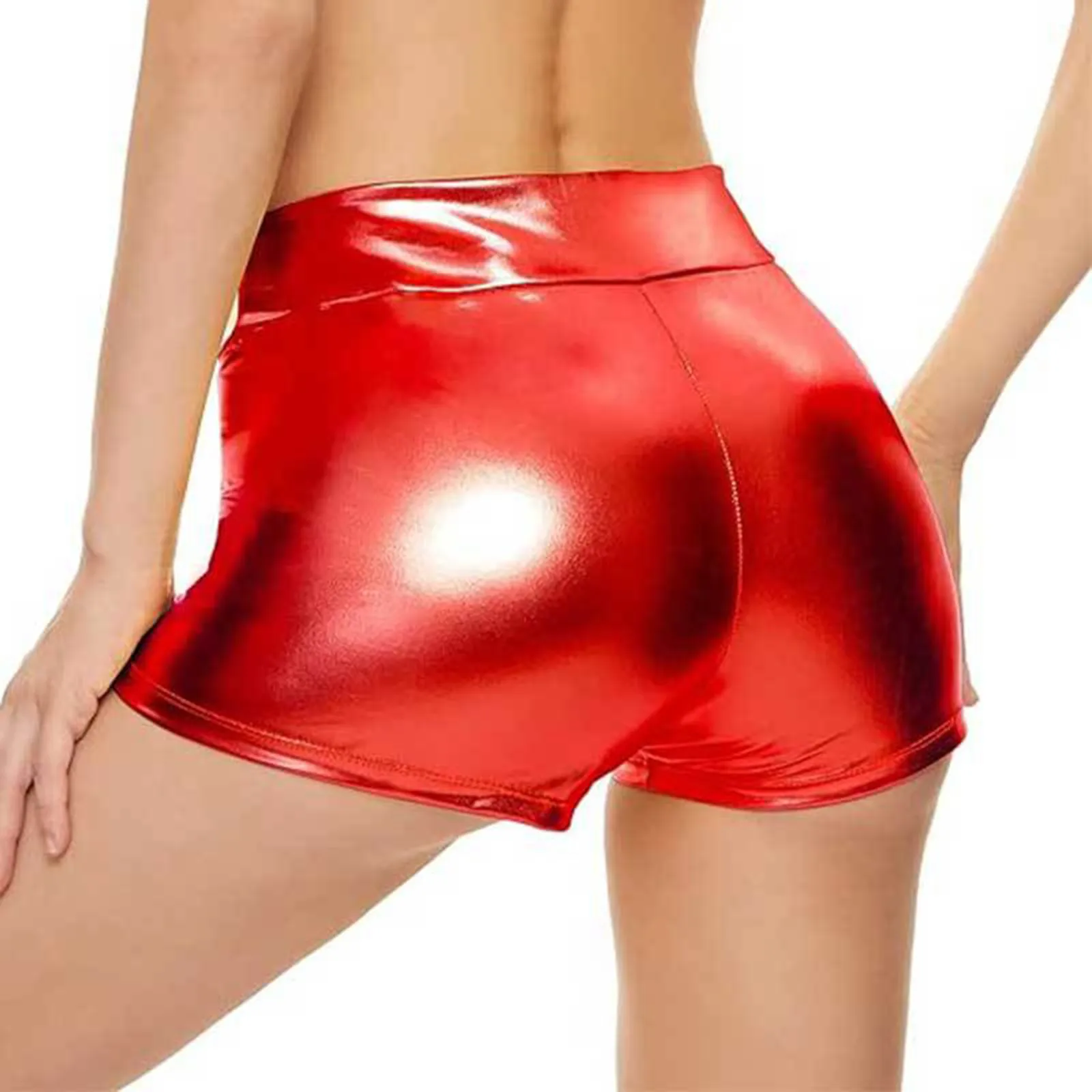 Women Shorts 2024 Shiny PU Shorts High Waisted Metallic Rave Booty Shorts Dance Leather Shorts Clubwear Female Silver Gold Red