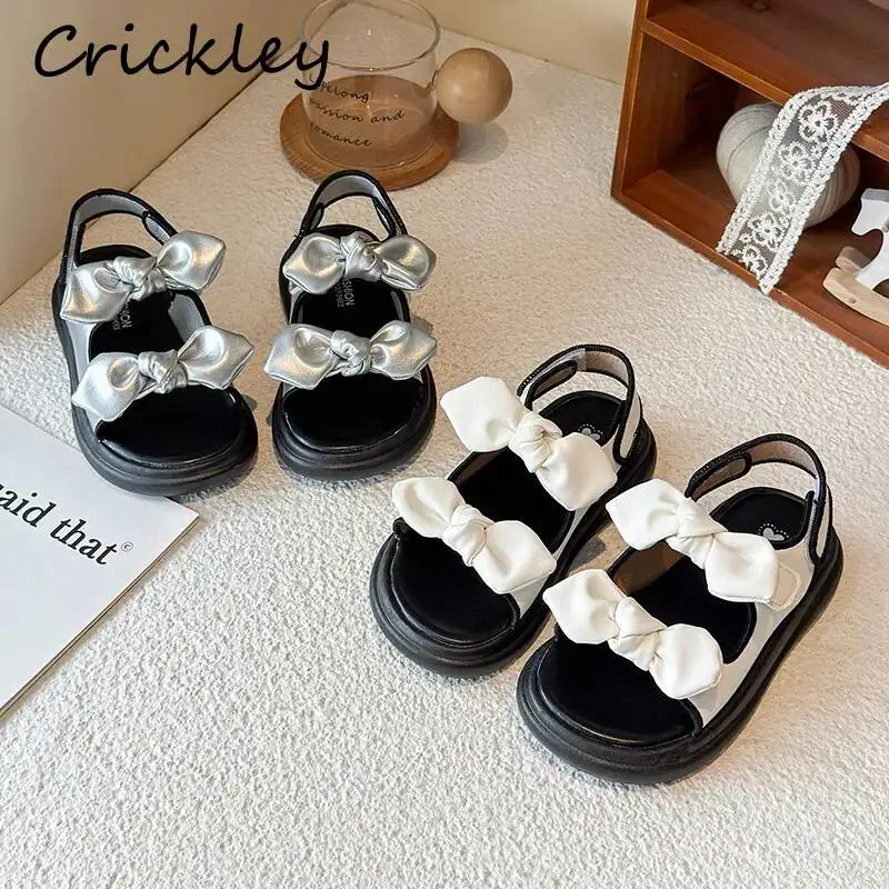 Summer Bow Solid Children Sandals PU Leather Hook Loop Soft Girls Fashion Sandals 2026 Anti Slip Kids Princess Shoes