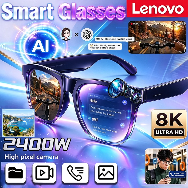 Lenovo Women Men AI Camera Smart Glasses 1080p Video Hands-Free Call AI Chat Translation Logging Music Playback Smart Sunglasses
