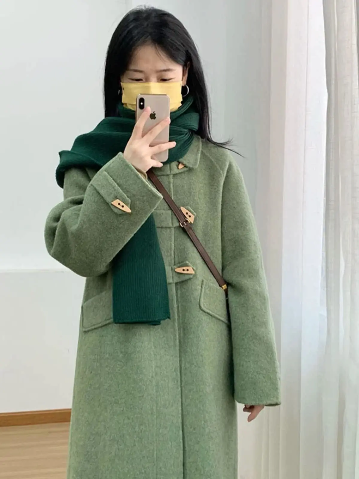 

Elegant Green Woolen Coat Korean Style Women's Long Sleeve Button up Outerwear for Autumn Winter Fashionable Commute Wear