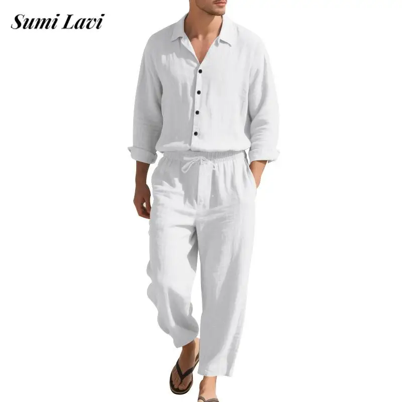 Daily Casual Loose Breathable Outfits For Mens Summer Leisure Solid Color Long Sleeve Linen Shirt And Pants Two Piece Mens Sets
