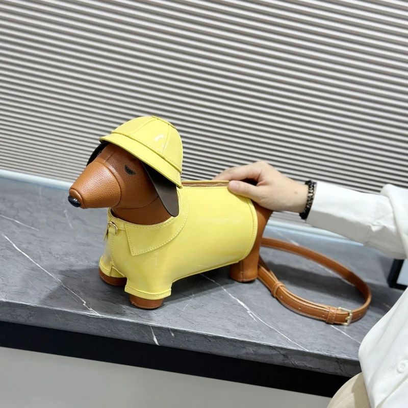 Cute Wearable Raincoat Puppy Crossbody Purse Glossy Yellow Brown Spliced PU Leather Adjustable Strap Cartoon Dog Handbag